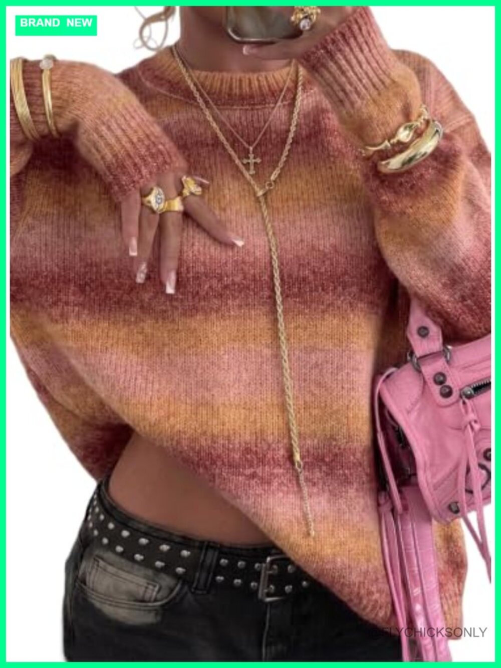 Womens Striped Crewneck Sweater Lantern Sleeve Loose Knit Pullover Fall Top